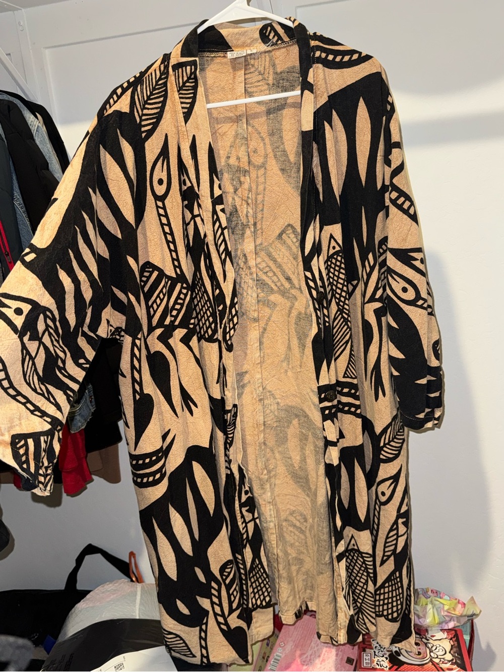 Beige and Black 100% Cotton Open-Front Patterned Kimono Style Cardigan